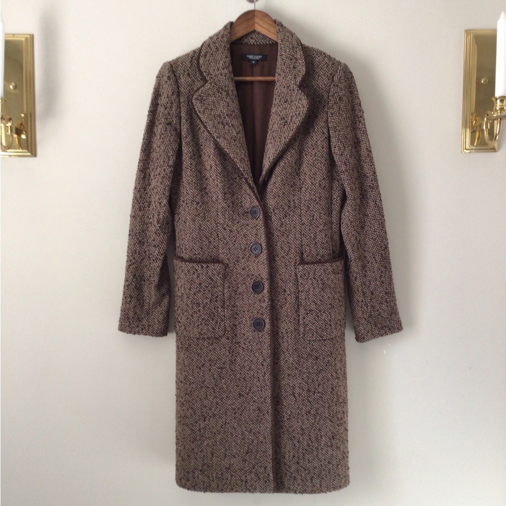 🌺BOGO Karen Kane Y2K Wool Brown Herringbone Tweed Coat M Pockets Contrast Lined
